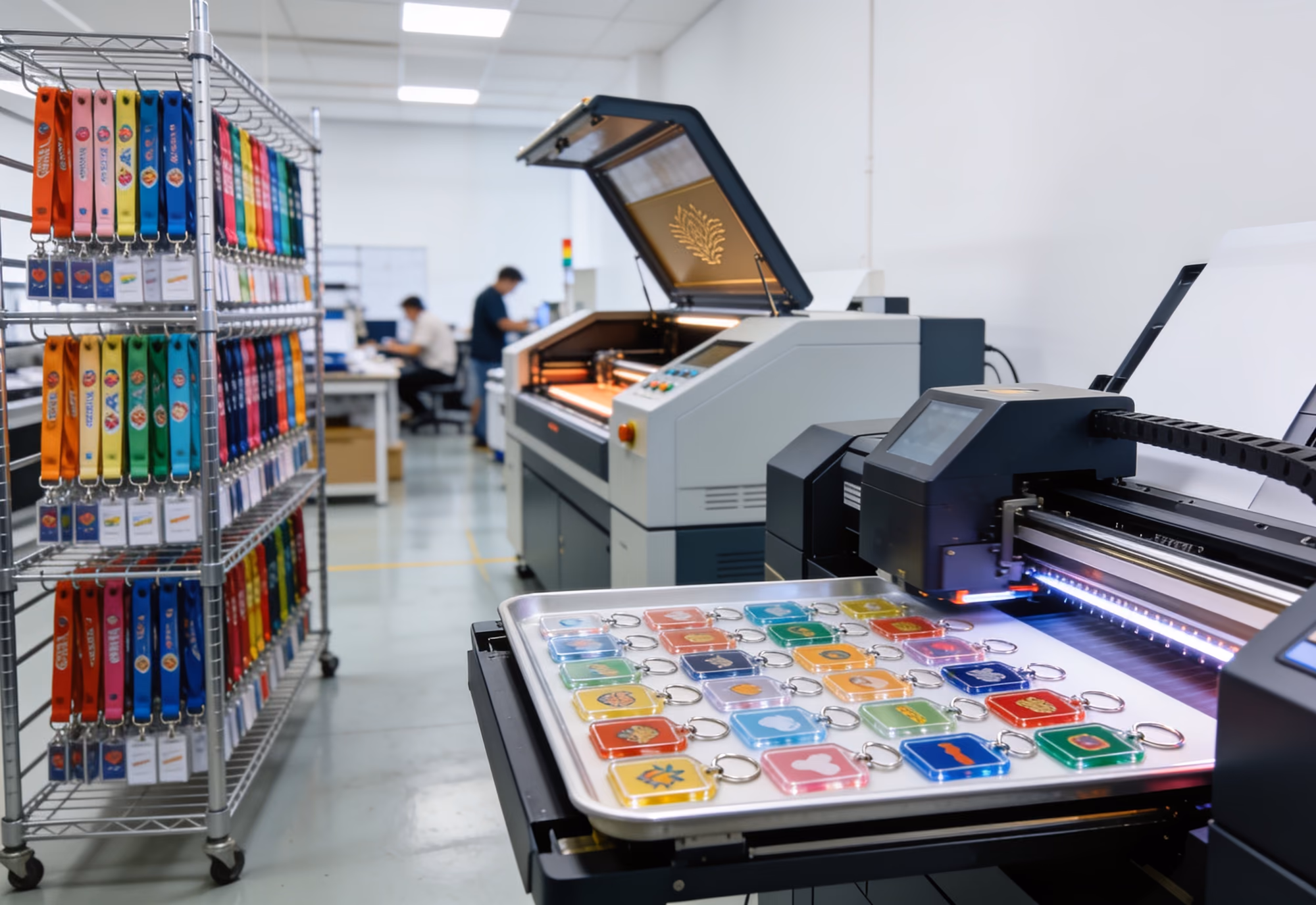 Inside the Ortex Industries production workshop, with UV-printed keychains, lanyard racks, and a laser engraver